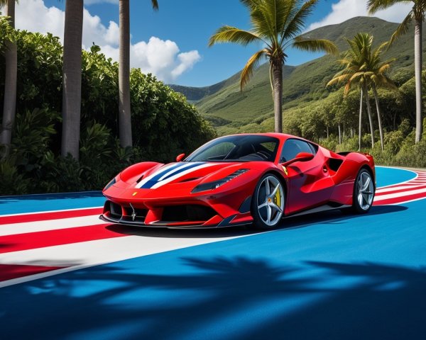 Vibrant Red Sports Car on Colorful Striped Roadway