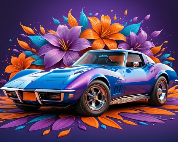 Vintage Corvette Against Colorful Floral Background