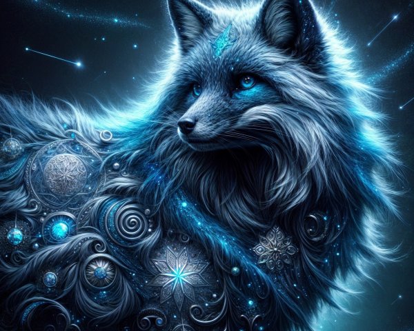 Majestic blue-furred fox in a cosmic setting