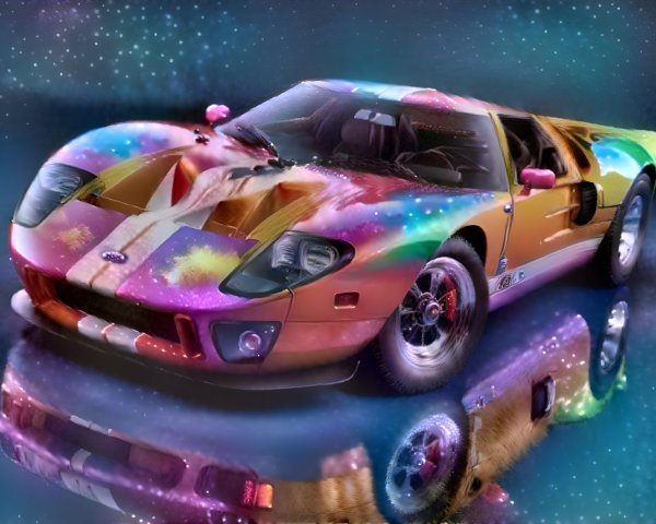 Vibrant Cosmic-Themed Sports Car Against Starry Background