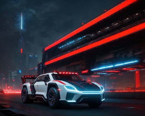 Futuristic Car in Neon-Lit Urban Cyberpunk Setting