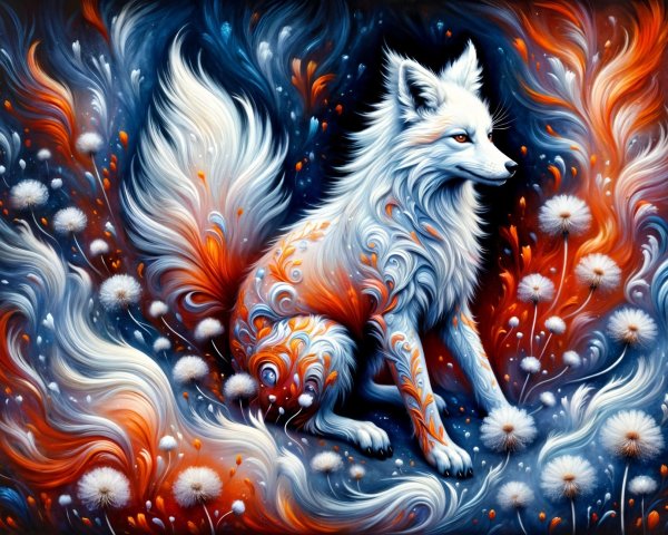 Majestic white fox against vibrant swirling background