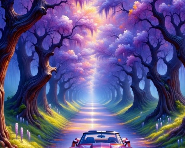 Surreal Landscape with Purple Trees and Sports Car