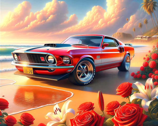 Red Ford Mustang on Beach with Colorful Sky and Flowers
