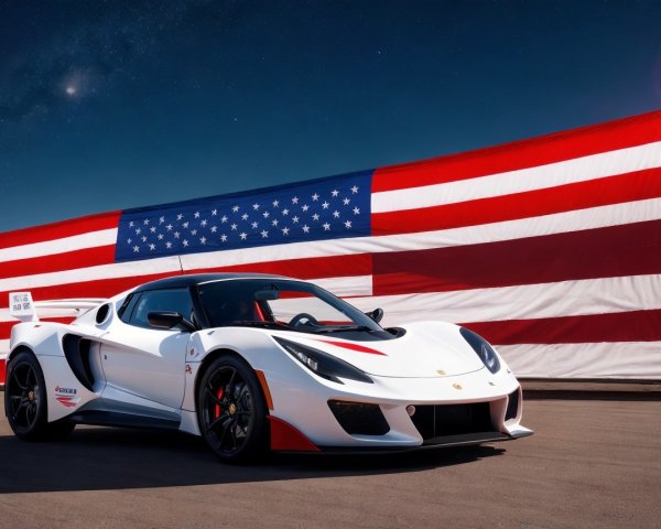 High-Performance Sports Car Against American Flag