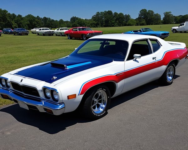Classic Car with Blue and White Exterior and Red Accents
