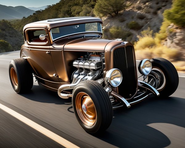 Vintage Hot Rod on Winding Highway with Mountains