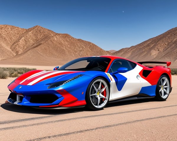 Vibrant Sports Car in Desert Landscape with Mountains