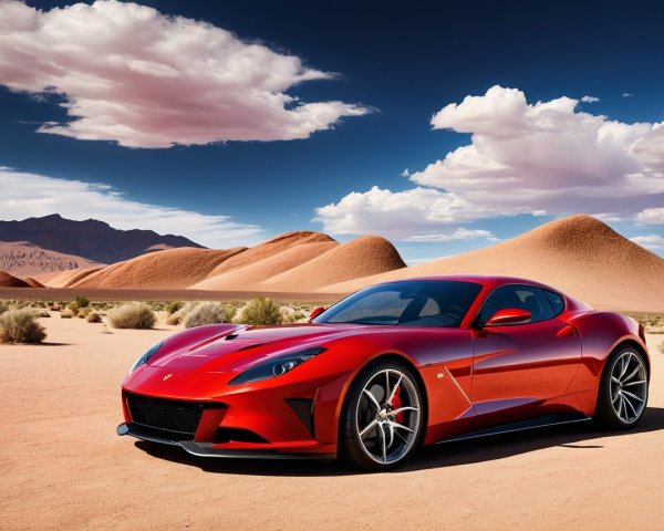 Red Sports Car in Desert Landscape with Sand Dunes