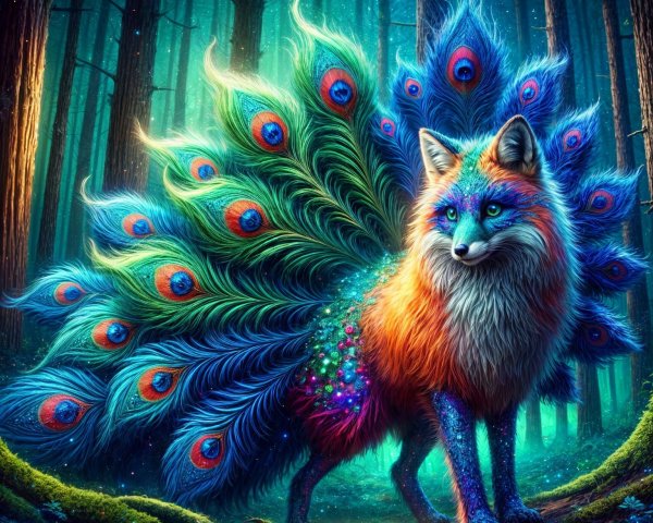 Enchanted Forest Creature with Peacock Plumage