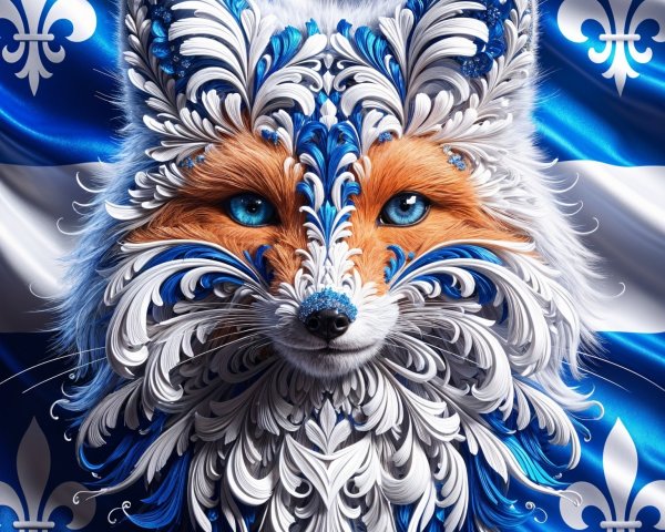Majestic fox with floral patterns on fabric background