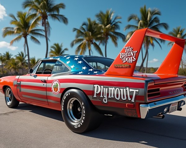 Plymouth Car with American Flag Design and Palm Trees