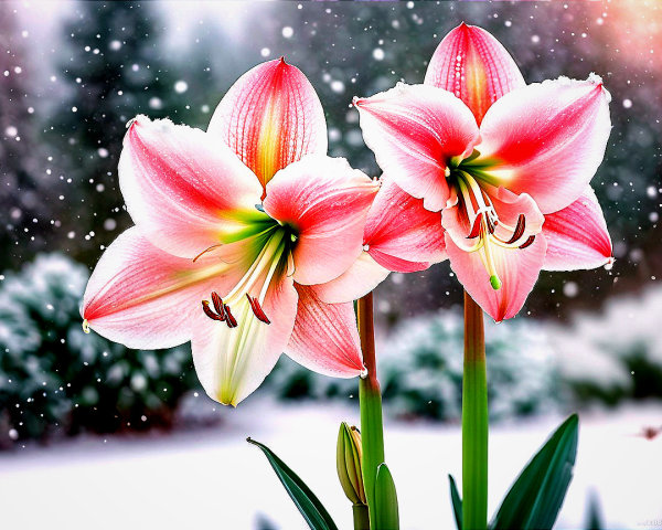 Close-up of Amaryllis Flowers in Snowy Garden
