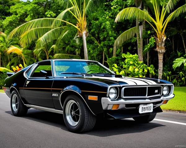 Vintage Black Sports Car on Tropical Road with Palm Trees