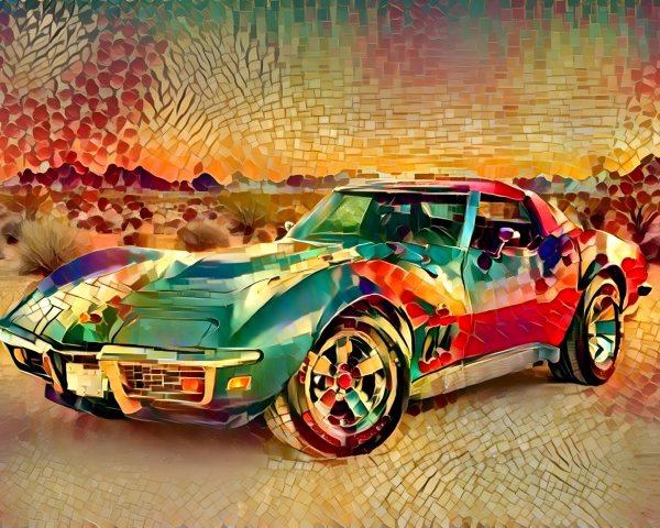 Vibrant Mosaic Art of Corvette Against Sunset Backdrop
