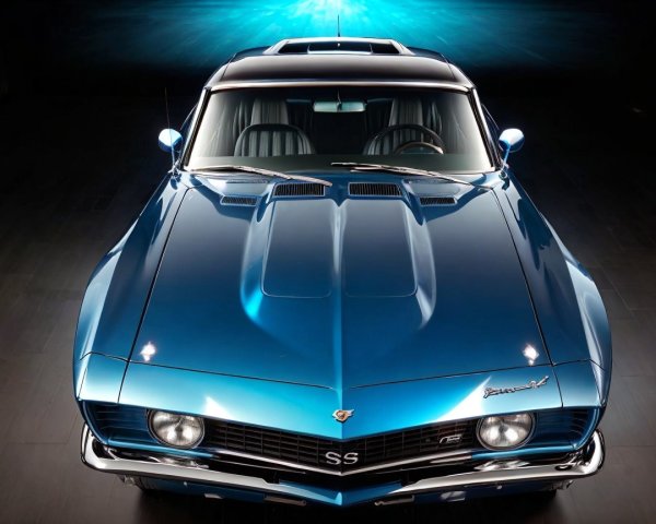 Classic car with glossy blue paint and chrome details