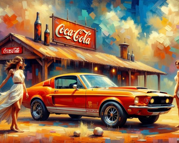 Classic Ford Mustang at Rustic Coca-Cola Stand