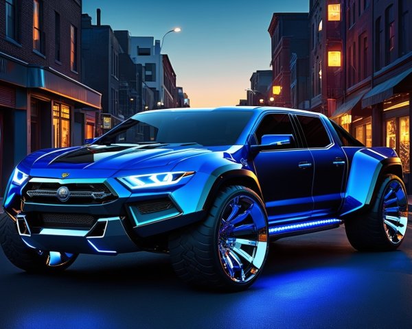 Futuristic Stylish Pickup Truck in Urban Twilight Scene