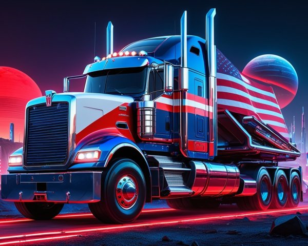 Futuristic Truck with American Flag in Cosmic Setting