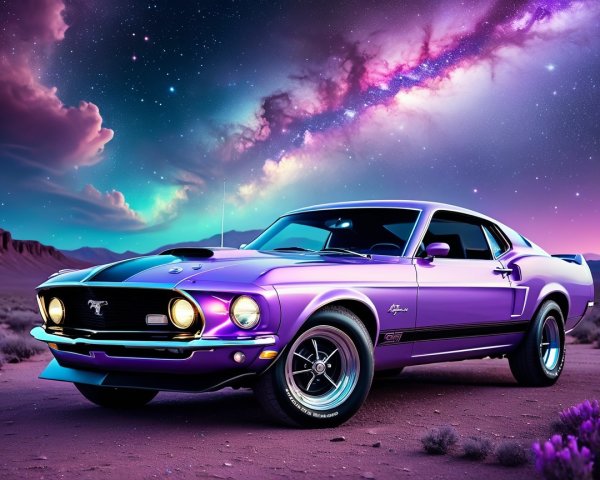 Purple 1969 Ford Mustang in Cosmic Desert Scene