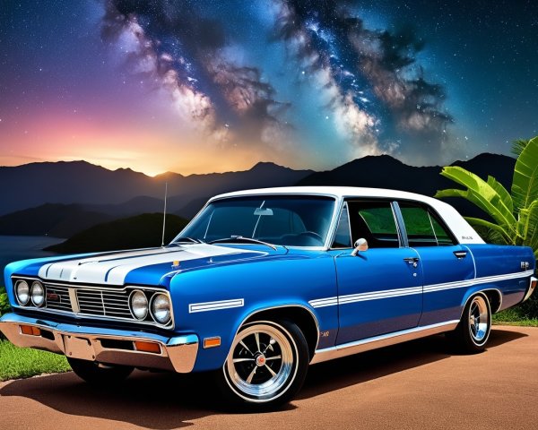 Classic Blue Car with White Roof in Mountain Landscape
