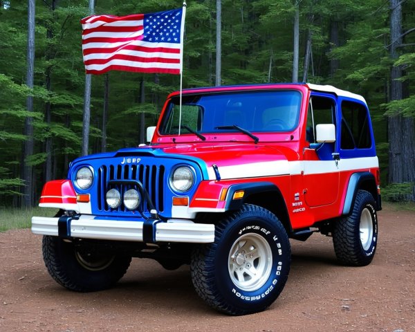 Vibrant Red Jeep with American Flag in Forested Area