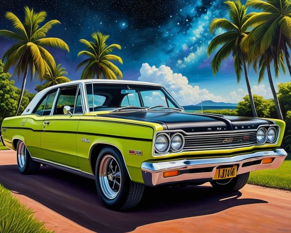 Vintage Green Muscle Car on Tropical Road