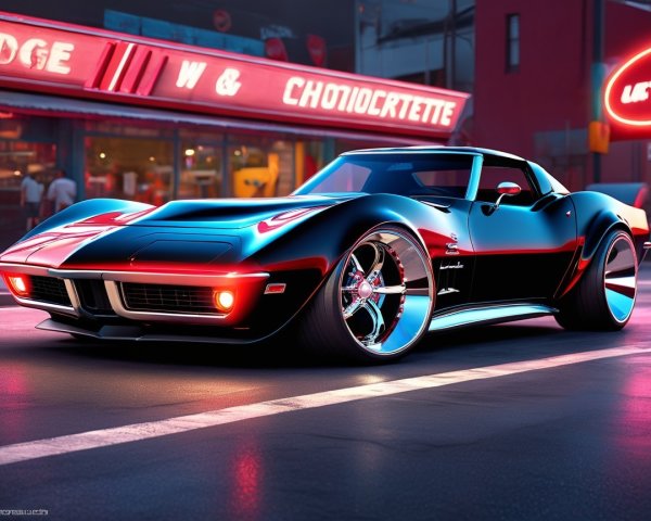 Vintage Sports Car Under Neon Lights in Urban Scene