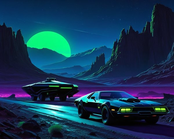 Futuristic landscape with vehicles under vibrant night sky