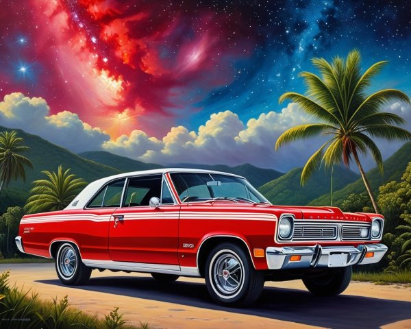 Classic Red Car on Winding Road with Cosmic Sky
