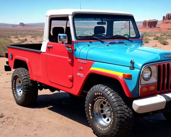 Vintage Jeep in Blue and Red in Desert Landscape