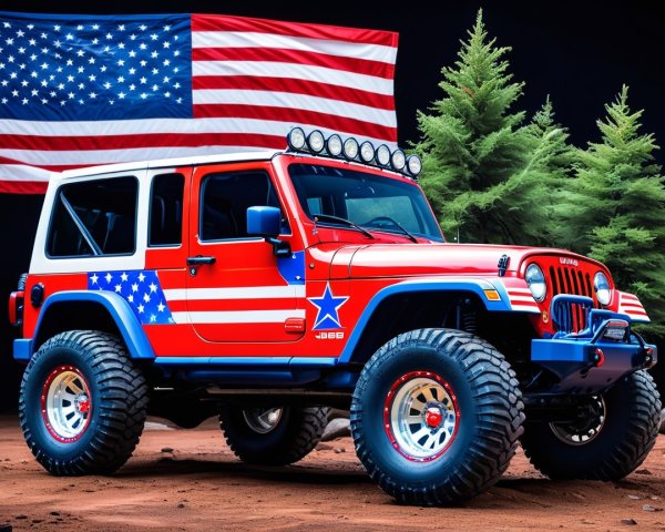 Vibrant Jeep Wrangler with American Flag Backdrop