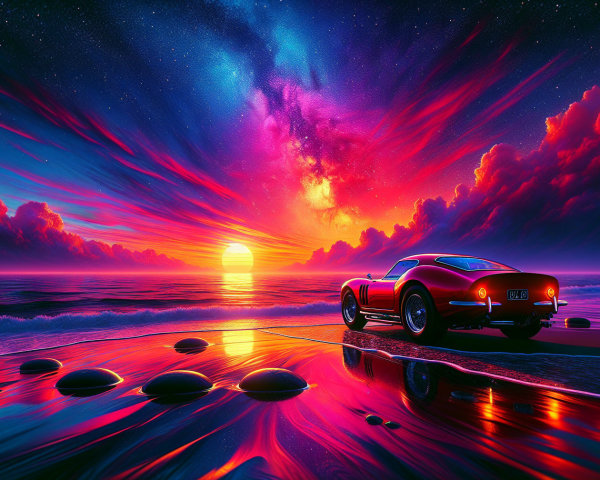 Sunset Over Ocean with Red Sports Car and Pebbles