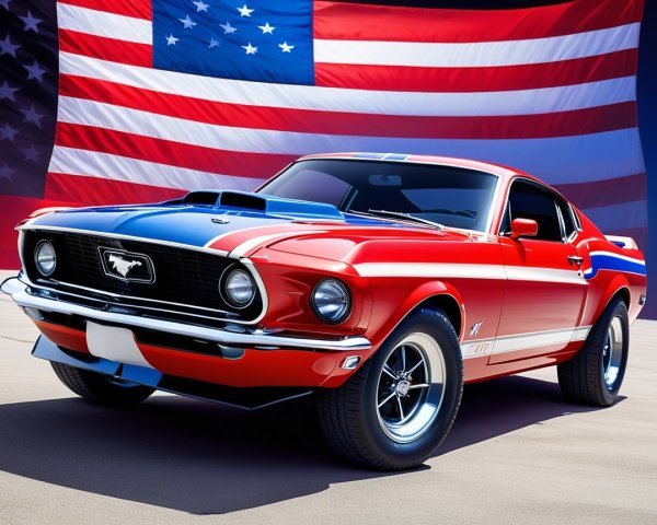 Vintage Muscle Car with American Flag Background