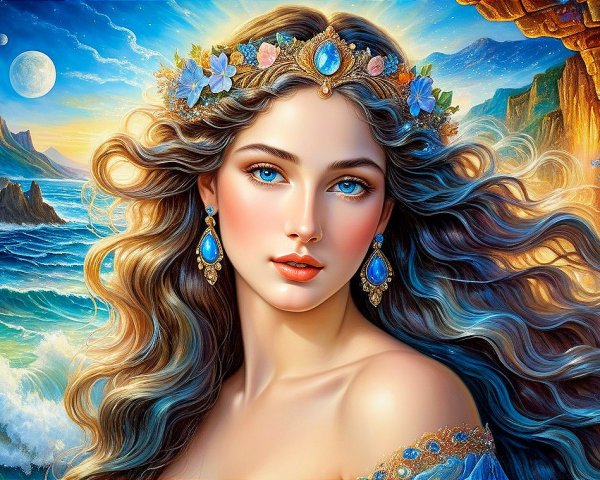 Ethereal Beauty with Floral Crown by Vibrant Seascape