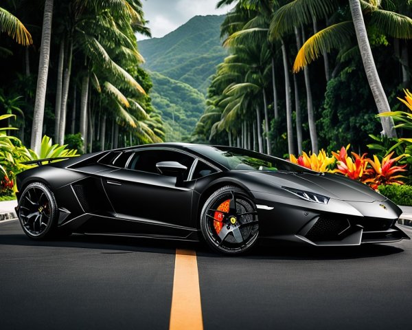 Black Lamborghini Aventador on Palm-Lined Road