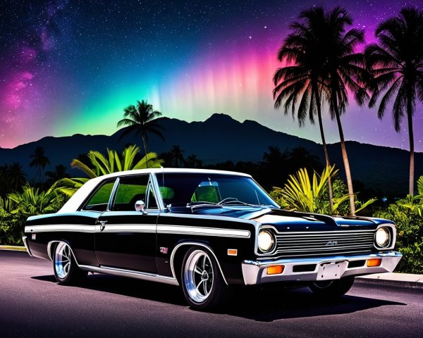 Vintage Black Car Under Aurora Borealis and Palm Trees