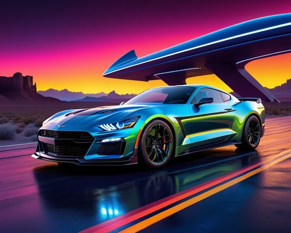 Futuristic sports car on a deserted highway at sunset