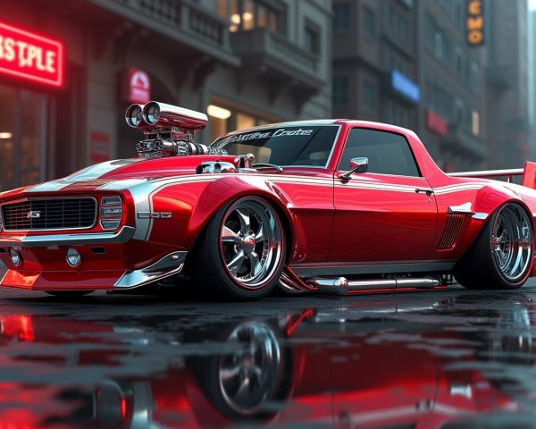 Modified Red Muscle Car on Wet City Street