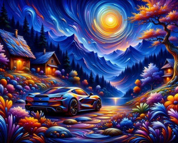 Surreal Landscape with Sports Car and Vibrant Nature