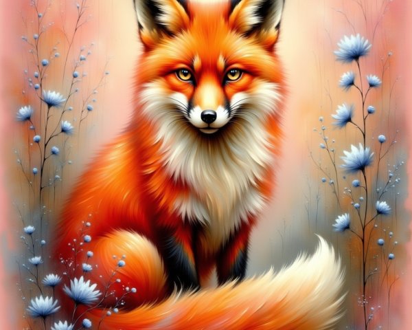 Vivid Orange Fox Against Pastel Background with Flowers