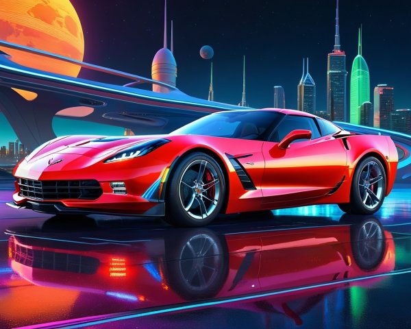 Red Sports Car in Futuristic Neon Cityscape