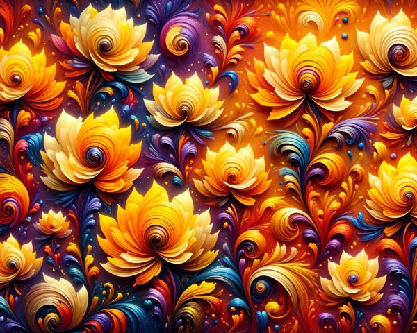 Vibrant Floral Pattern in Orange, Yellow, and Blue