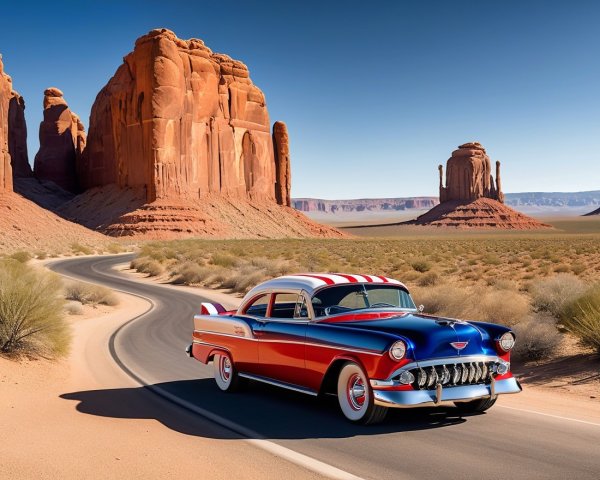 Vintage Car on Winding Road in Desert Landscape