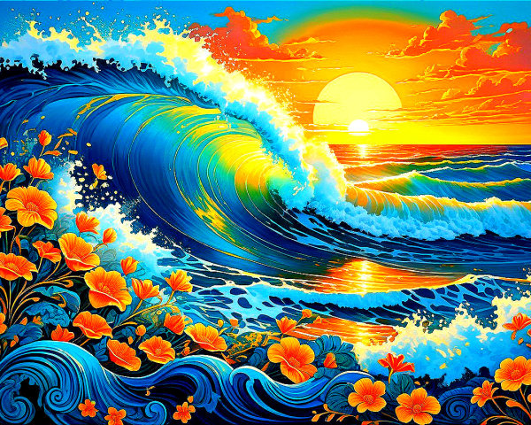 Vibrant Sunset Over Dynamic Ocean Wave and Hibiscus Flowers