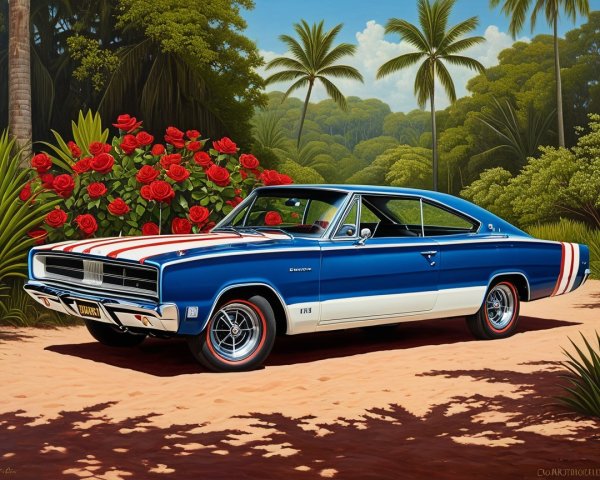 Classic Blue Muscle Car in Tropical Landscape