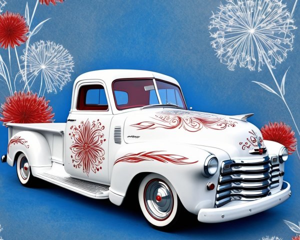 Vintage White Pickup Truck with Floral Patterns