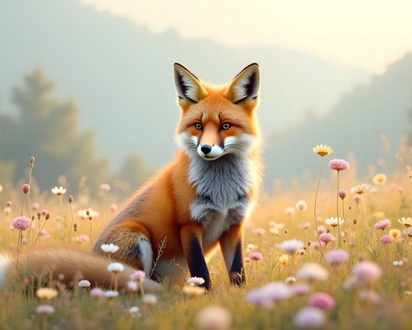 Red fox in a colorful wildflower meadow setting