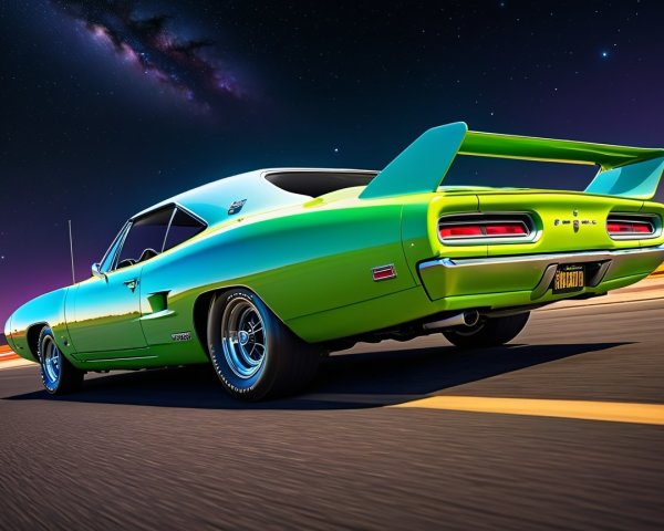 Vintage Muscle Car in Green and Blue Against Stars