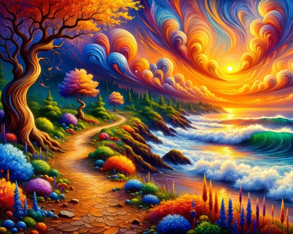 Vibrant Coastal Landscape with Colorful Trees and Sunset